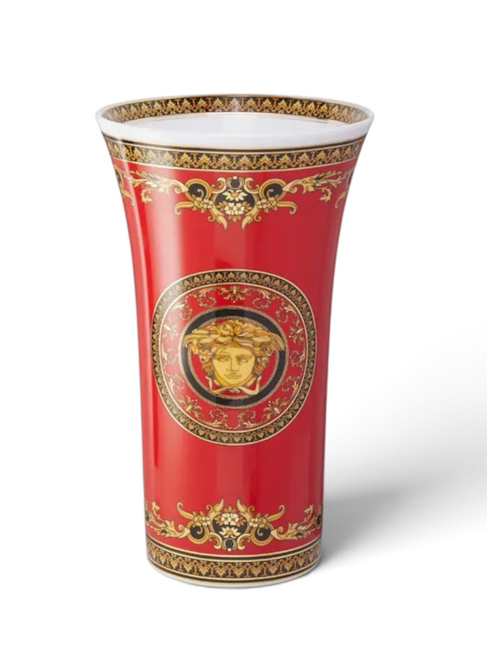 Versace for Rosenthal. Original 1997 Tags, Versace Red Medusa Vase. 13.5”